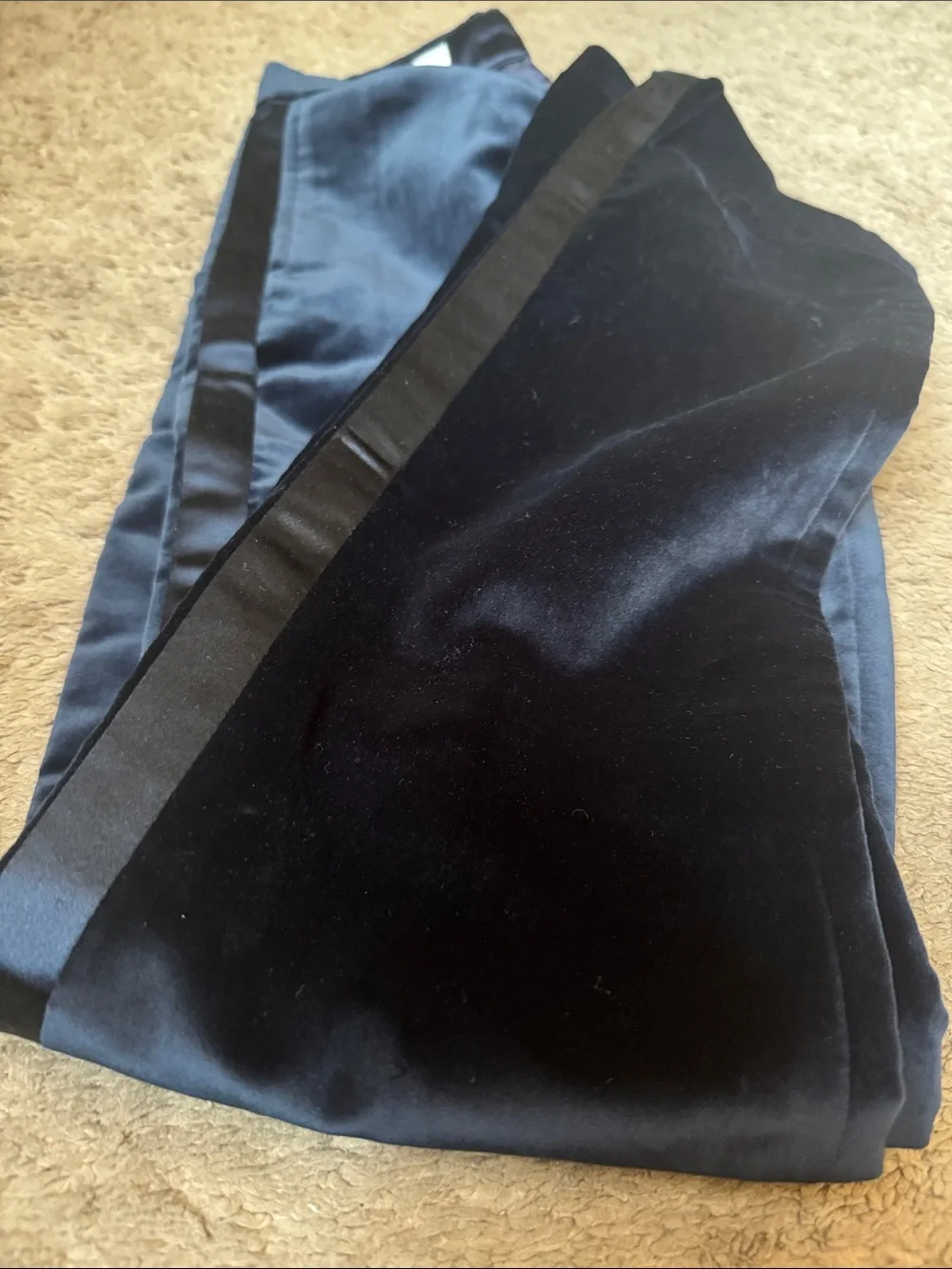 Boys Navy Corduroy Tuxedo Pants with Satin Stripe